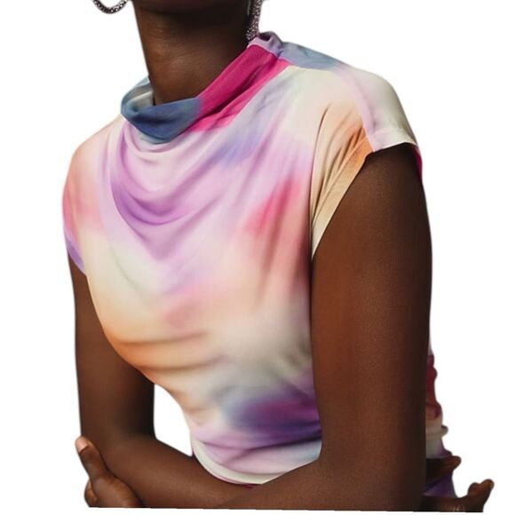 EUC Anthropologie The Maya Ruched Cowl Neck Dress Mesh Shirred Tie Dye Women M - Picture 5 of 7